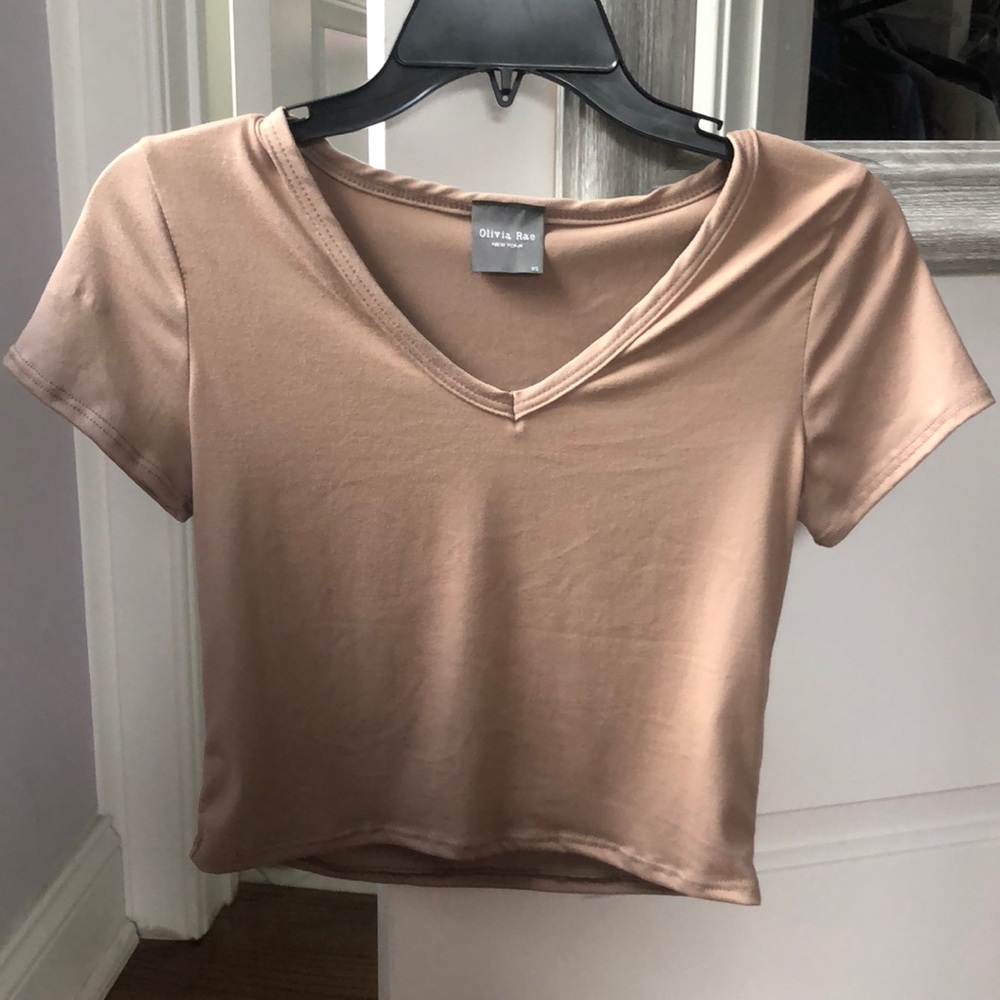 Olivia Rae Tan Cropped V-Neck Tee